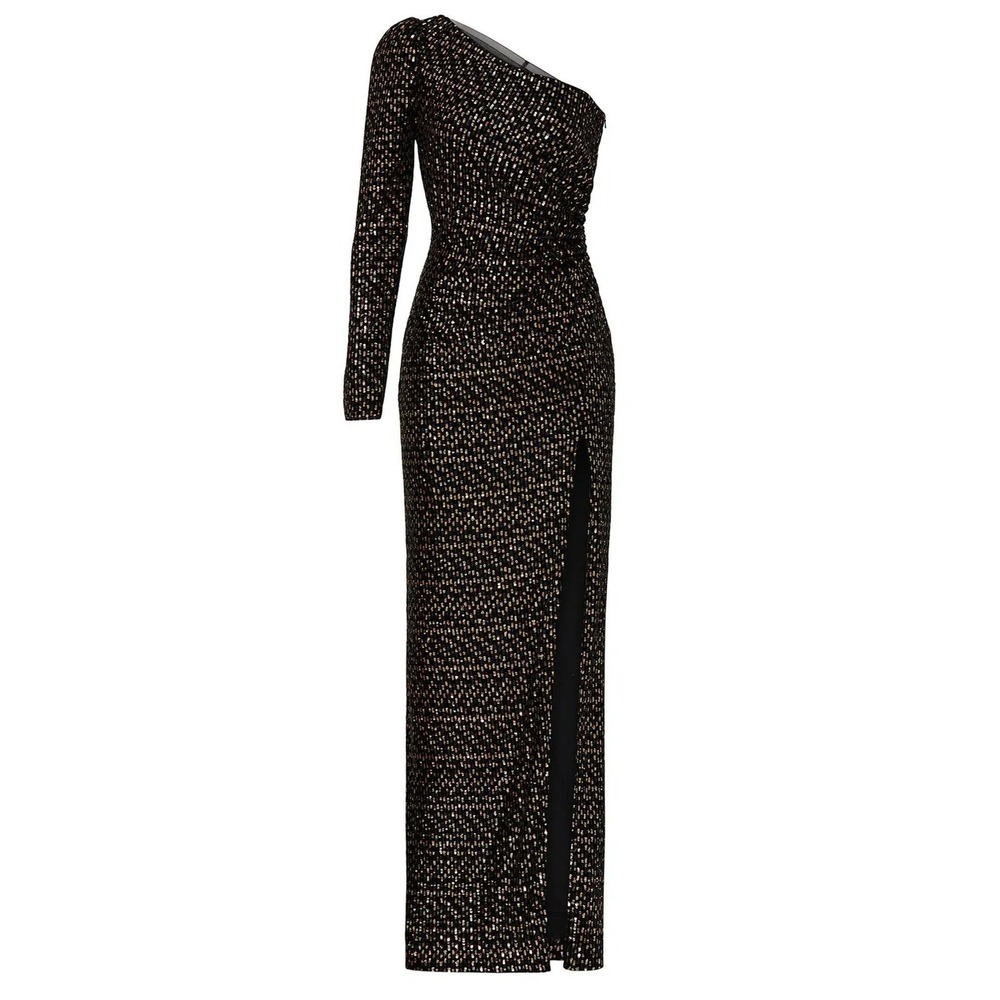 ML Monique Lhuillier Dress Womens 6 Black One Shoulder Sequin Slit Maxi Gown